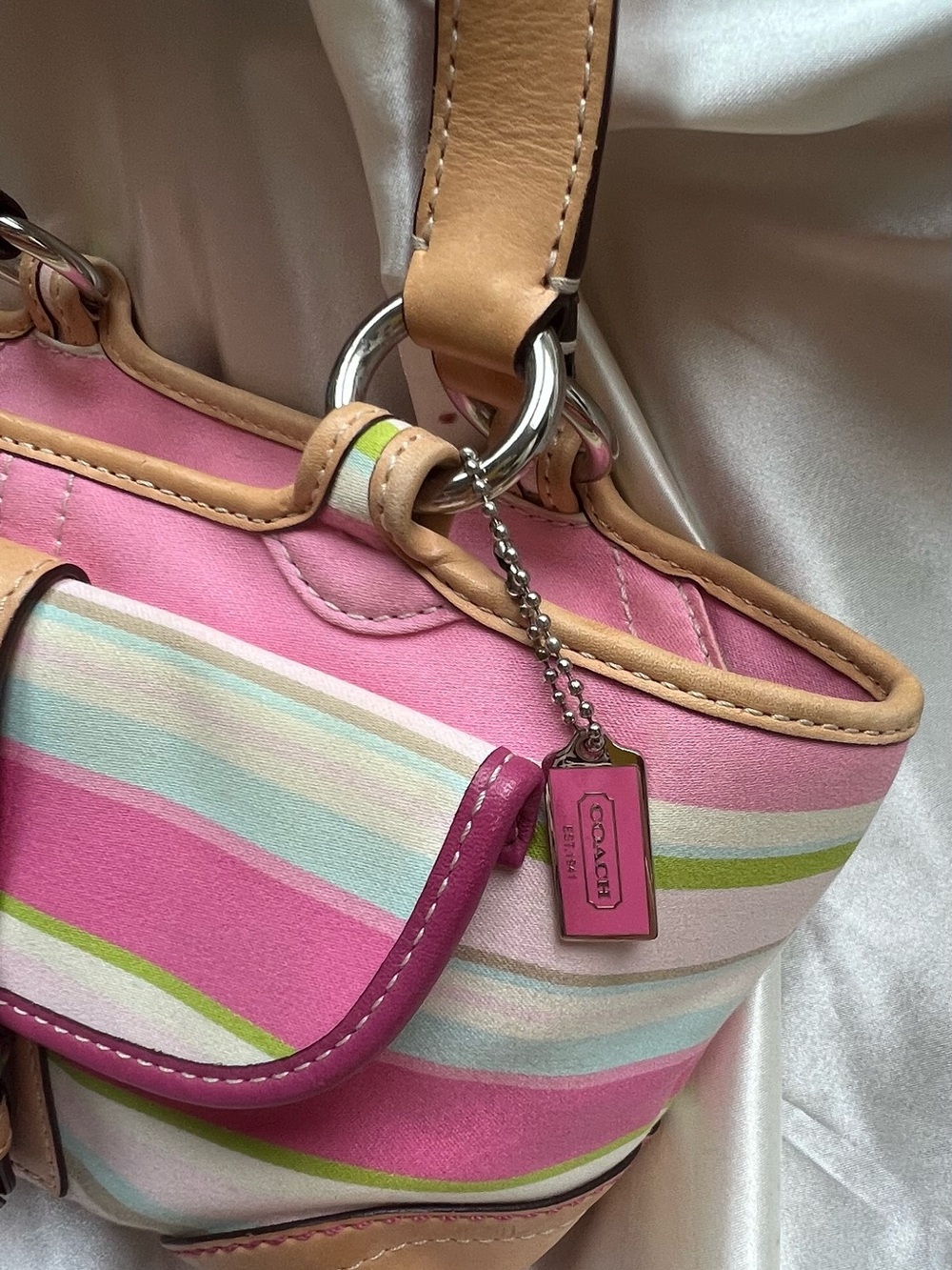 Coach Pink Striped Shoulder Bag with Tan Trim
